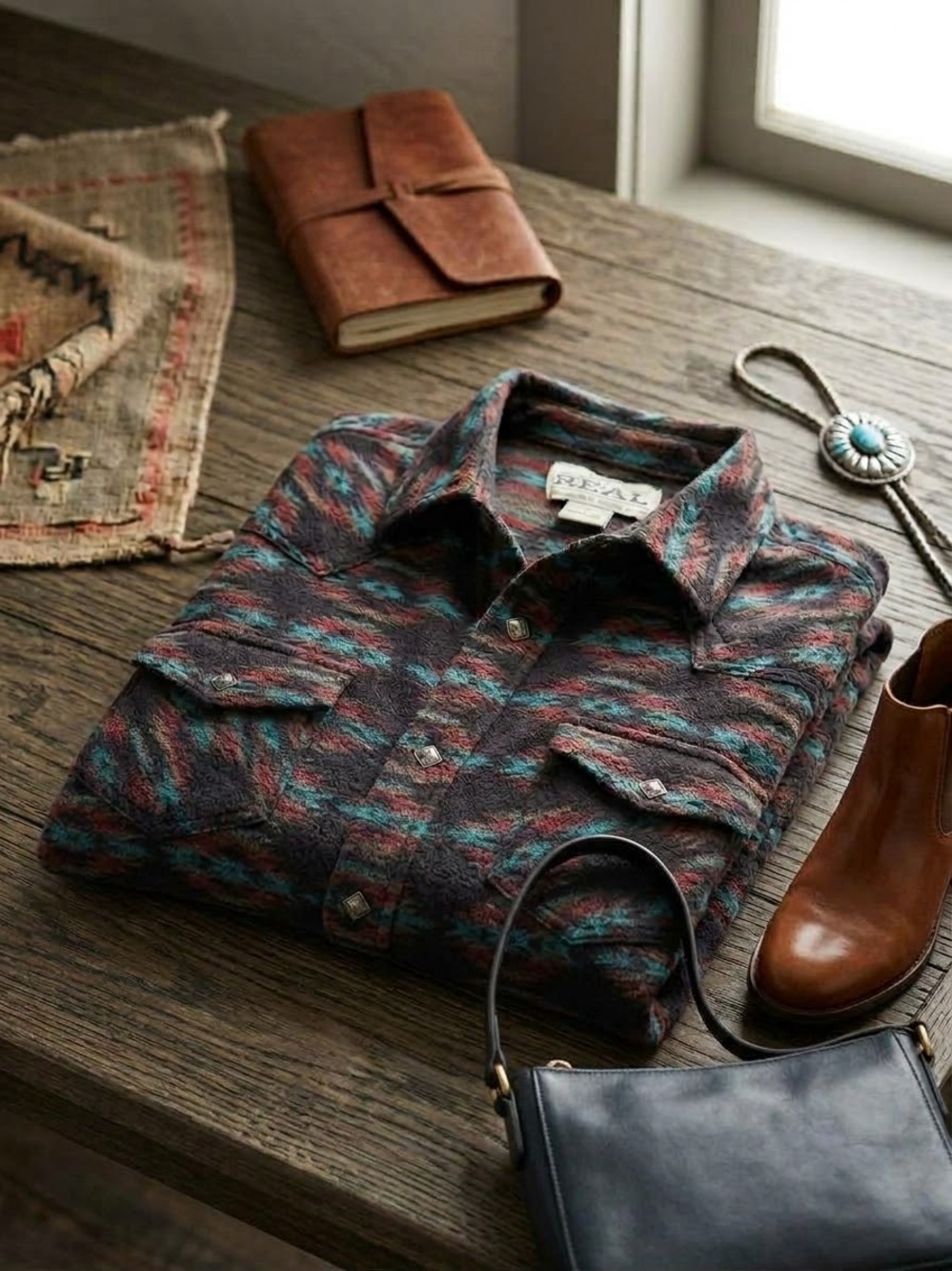 Ariat multicolor teal, burgundy and charcoal patterned button-down shirt